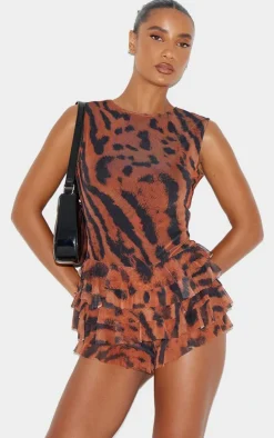 Brown Animal Printed Mesh Rara Romper
