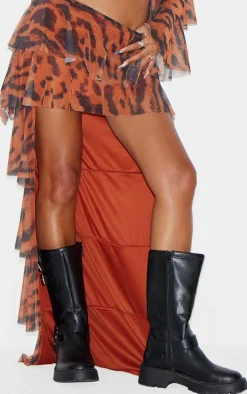 Brown Animal Printed Mesh Rara Waterfall Hem Maxi Skirt