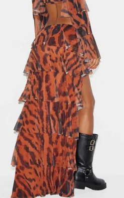 Brown Animal Printed Mesh Rara Waterfall Hem Maxi Skirt