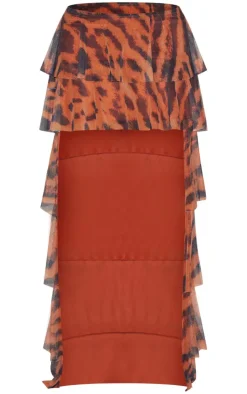 Brown Animal Printed Mesh Rara Waterfall Hem Maxi Skirt