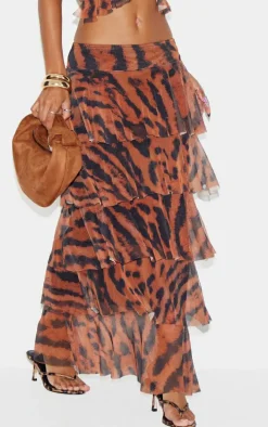 Brown Animal Printed Mesh Rara Maxi Skirt