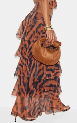 Brown Animal Printed Mesh Rara Maxi Skirt
