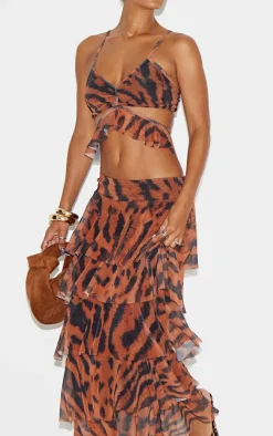 Brown Animal Printed Mesh Rara Maxi Skirt