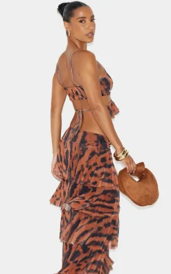 Brown Animal Printed Mesh Frill Wrap Detail Crop Top
