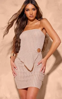 Brown Bandeau Textured Ring Detail Mini Dress