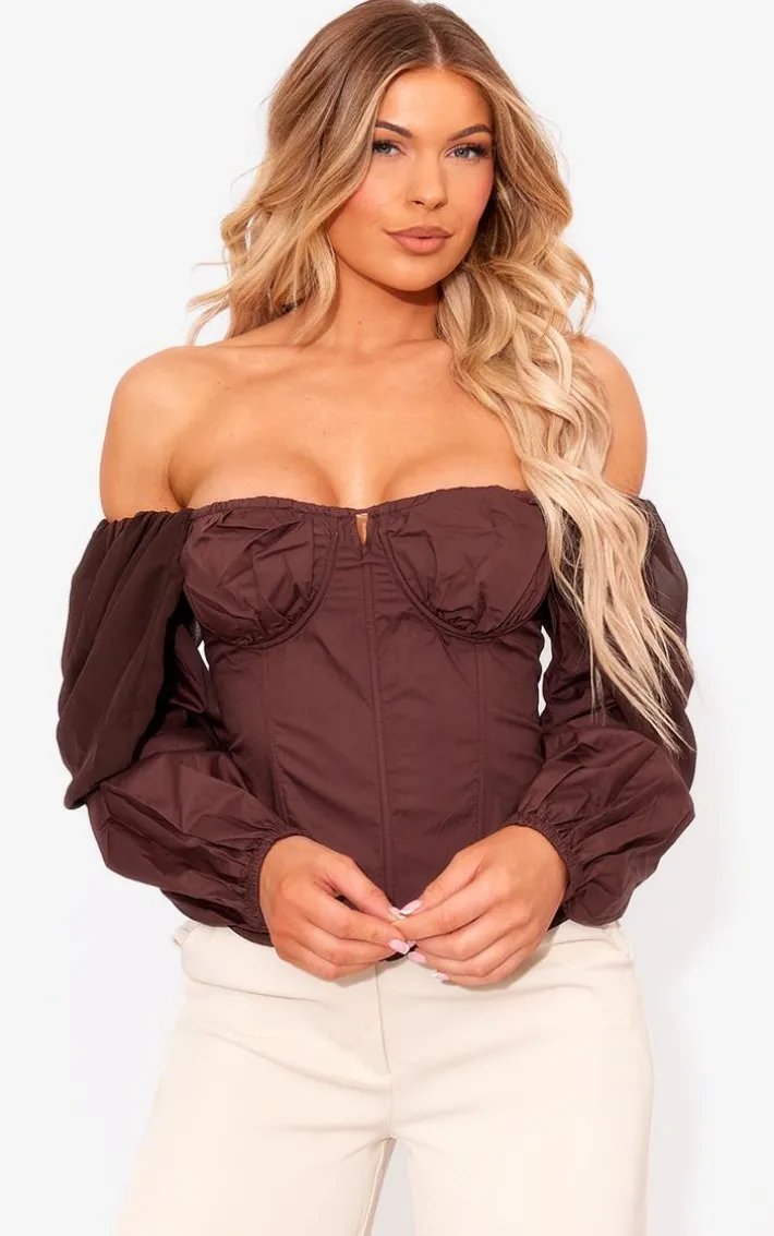 Brown Bardot Sleeve Chiffon Insert Shirt