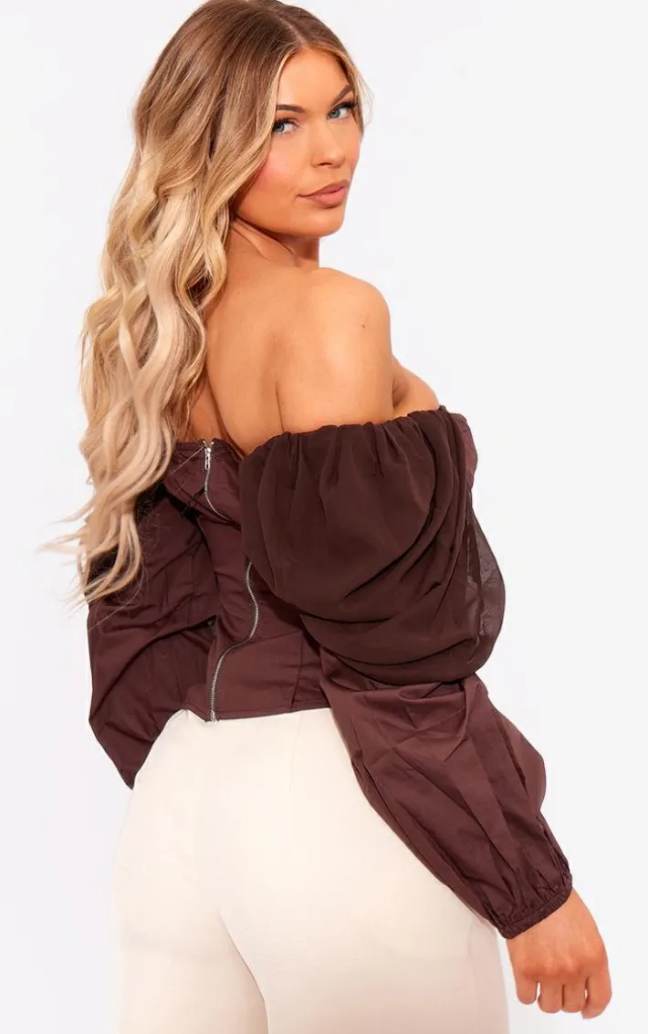 Brown Bardot Sleeve Chiffon Insert Shirt