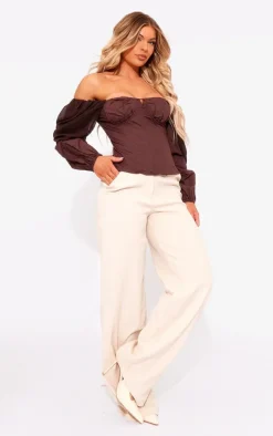 Brown Bardot Sleeve Chiffon Insert Shirt
