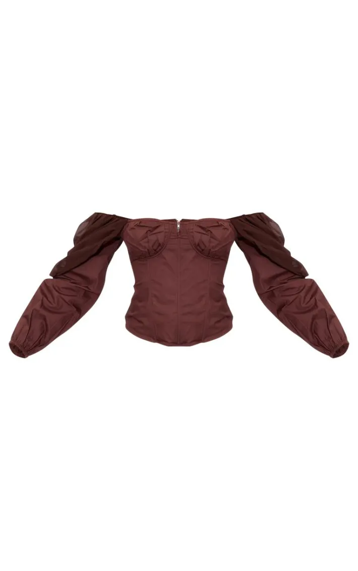 Brown Bardot Sleeve Chiffon Insert Shirt