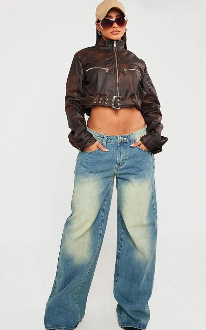 Brown Bleach Effect Faux Leather Belt Detail Biker Jacket