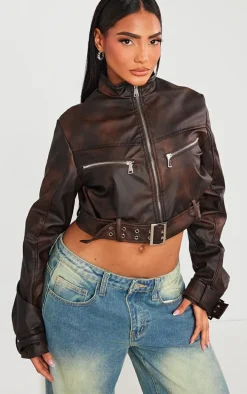 Brown Bleach Effect Faux Leather Belt Detail Biker Jacket