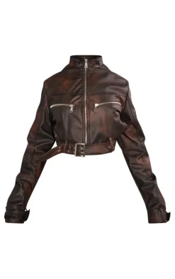 Brown Bleach Effect Faux Leather Belt Detail Biker Jacket