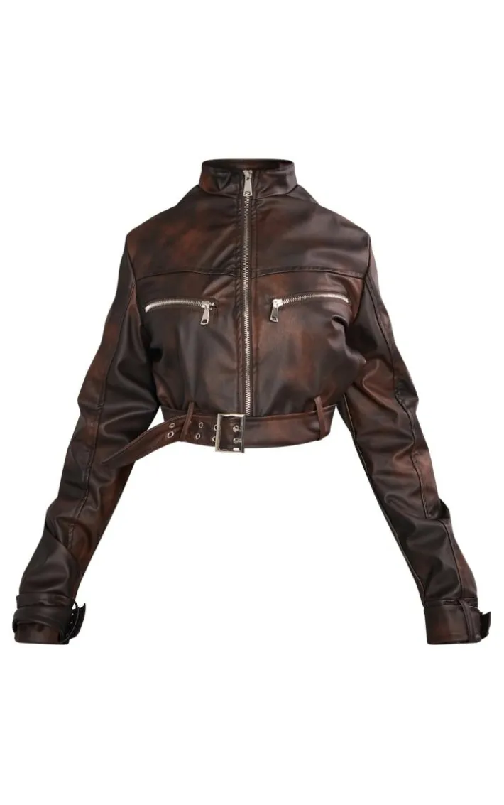 Brown Bleach Effect Faux Leather Belt Detail Biker Jacket