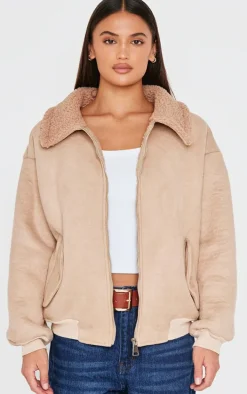 Brown Borg Faux Suede Bomber Jacket