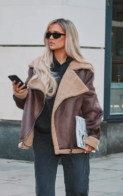 Brown Borg Lined Buckle Collar Oversized Aviator