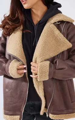 Brown Borg Lined Buckle Collar Oversized Aviator