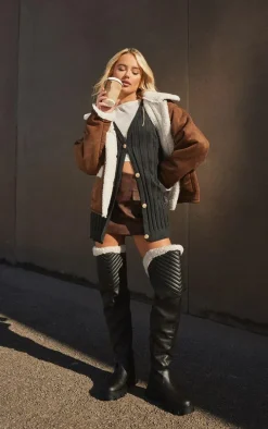 Brown Borg Lined Faux Suede Coat