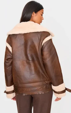 Brown Borg Trim Belted Hem Faux Leather Aviator Jacket