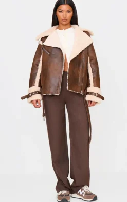 Brown Borg Trim Belted Hem Faux Leather Aviator Jacket