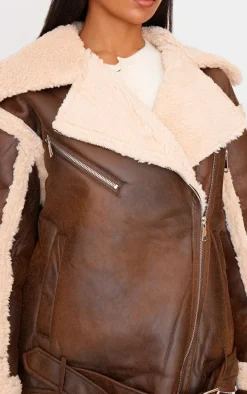 Brown Borg Trim Belted Hem Faux Leather Aviator Jacket