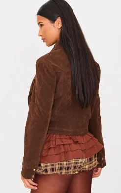 Brown Brushed Faux Suede Seam Detail Jacket