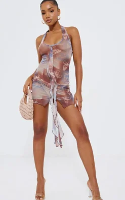 Brown Butterfly Print Mesh Halterneck Center Frill Detail Bodycon Dress