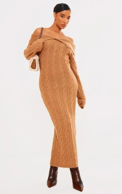 Brown Cable Fold Over Maxi Knit Dress
