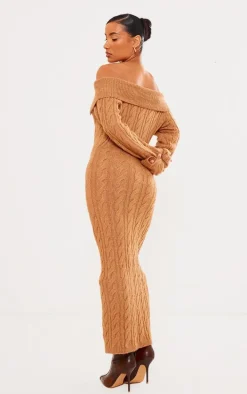Brown Cable Fold Over Maxi Knit Dress