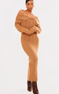 Brown Cable Fold Over Maxi Knit Dress