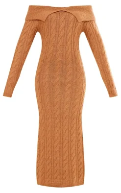 Brown Cable Fold Over Maxi Knit Dress