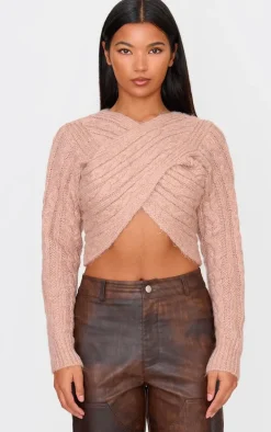 Brown Cable Knitted Wrap Front Cropped Sweater