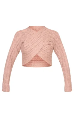 Brown Cable Knitted Wrap Front Cropped Sweater