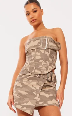 Brown Camo Buckle Detail Denim Bandeau Top