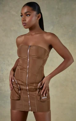 Brown Cargo Bandeau Bodycon Dress