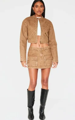 Brown Cargo Pocket Detail Denim Mini Skirt