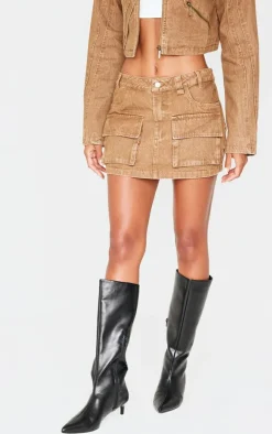 Brown Cargo Pocket Detail Denim Mini Skirt
