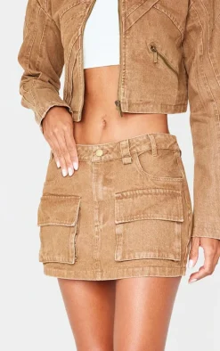 Brown Cargo Pocket Detail Denim Mini Skirt