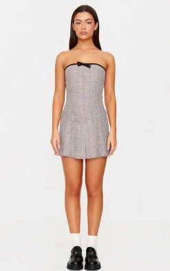 Brown Check Bandeau Bow Detail Shift Dress