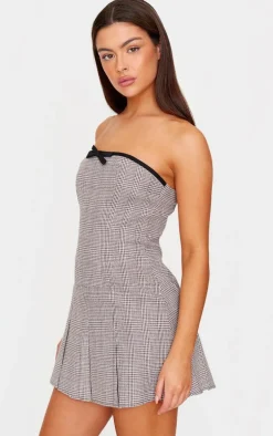 Brown Check Bandeau Bow Detail Shift Dress