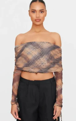Brown Check Mesh Ultra Long Drape Sleeve Crop Top