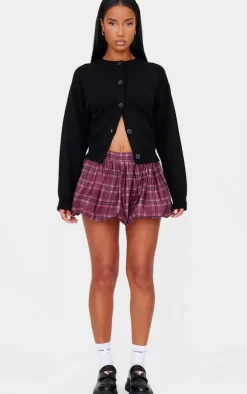 Brown Check Print Low Rise Puffball Mini Skirt