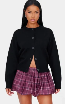 Brown Check Print Low Rise Puffball Mini Skirt