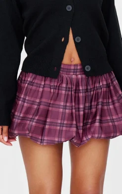 Brown Check Print Low Rise Puffball Mini Skirt