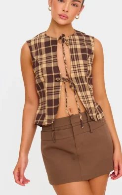 Brown Check Print Tie Front Vest