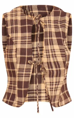 Brown Check Print Tie Front Vest
