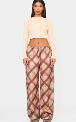 Brown Check Print Woven Drawstring Waist Low Rise Relaxed Pants
