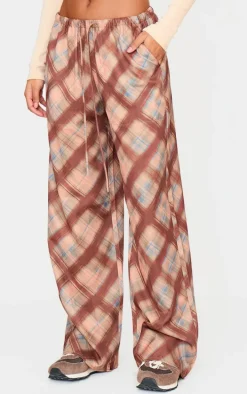 Brown Check Print Woven Drawstring Waist Low Rise Relaxed Pants