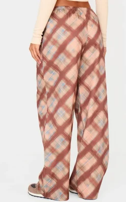 Brown Check Print Woven Drawstring Waist Low Rise Relaxed Pants