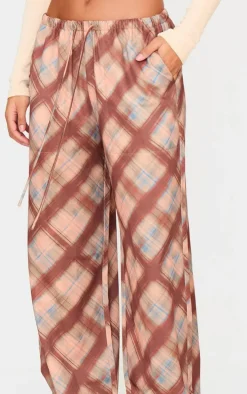 Brown Check Print Woven Drawstring Waist Low Rise Relaxed Pants