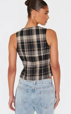 Brown Check Ruched Front Long Top